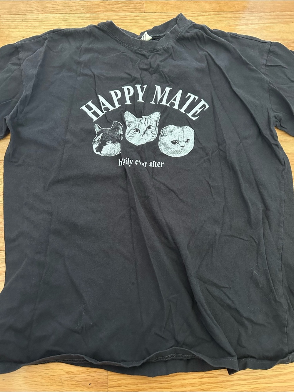 Happy Mate Black Graphic Tee with Cat Design